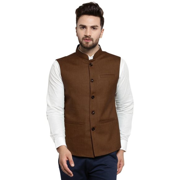Sleeveless Traditional Jute Fabric Caramel Brown Nehru Jacket by Treemoda - Picture 1 of 5